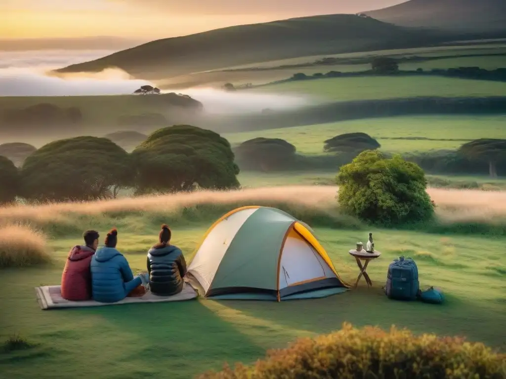 Grupo de amigos disfrutando de un atardecer en Uruguay, acampando bajo las estrellas