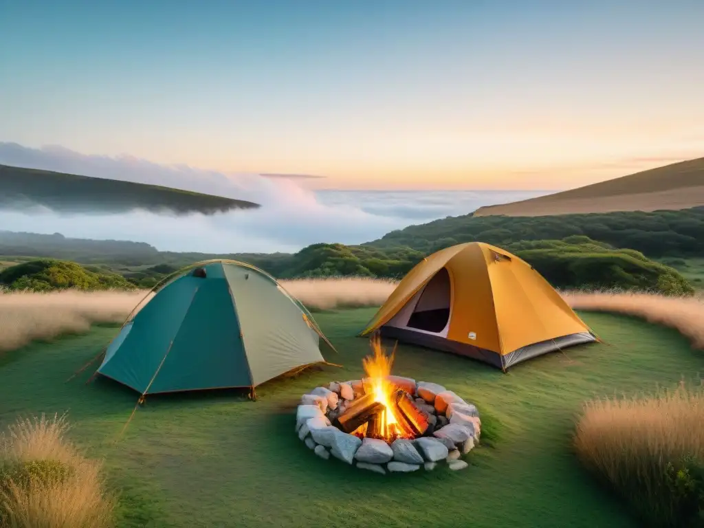 Grupo de amigos disfrutando del atardecer en un tranquilo campamento en Uruguay