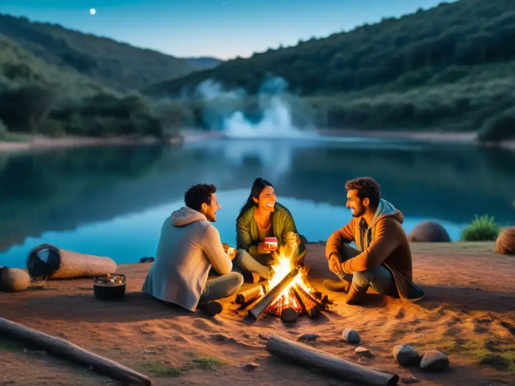 Grupo de amigos disfrutando bebidas calientes junto a fogata en camping Uruguay