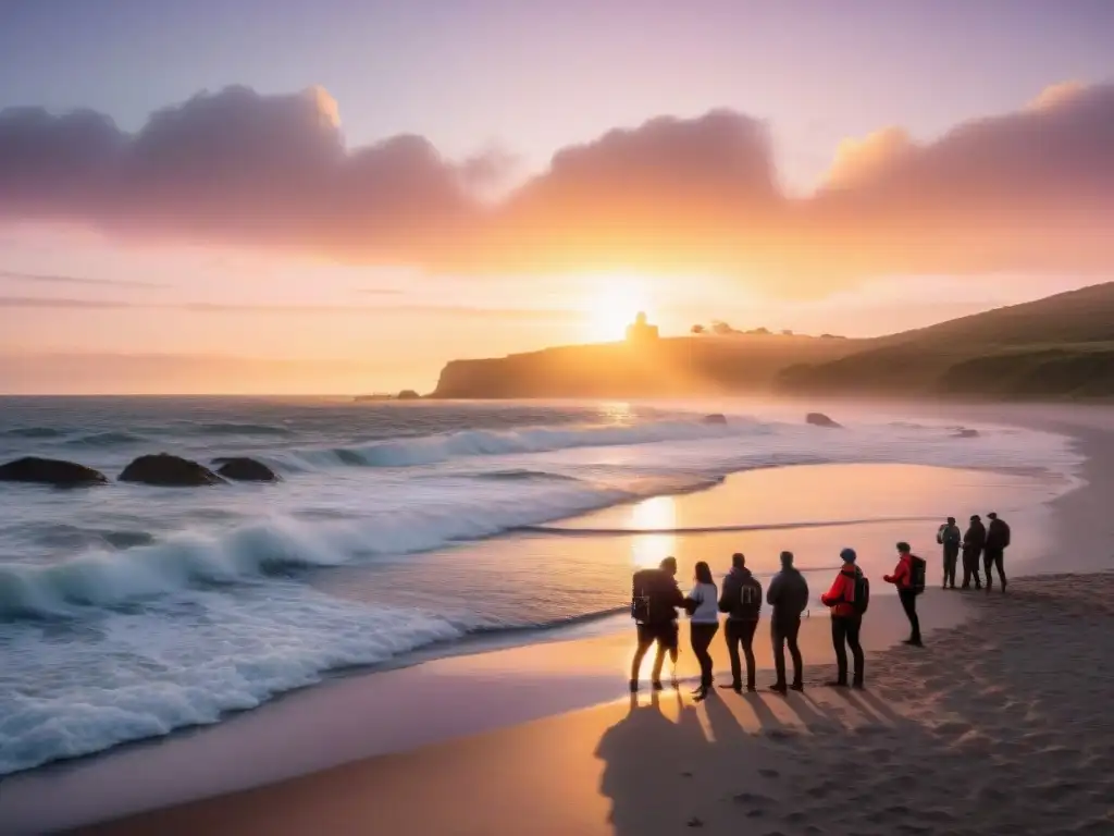 Grupo de amigos preparando cámaras acuáticas en La Paloma Beach para noche de estrellas