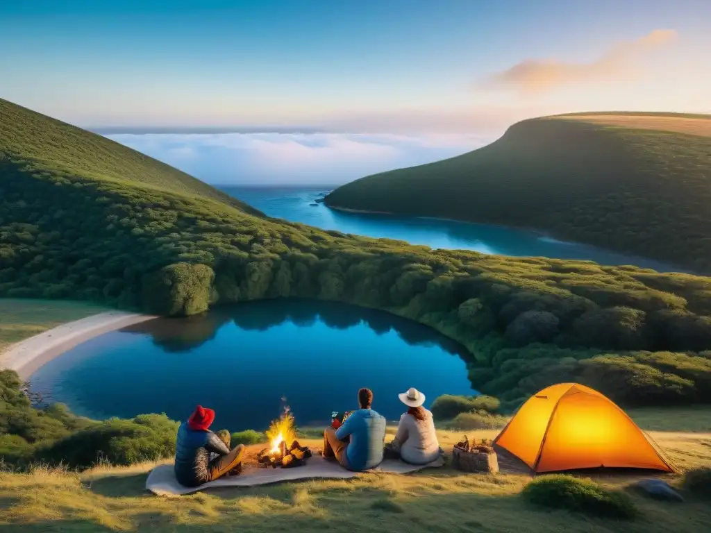 Grupo de amigos disfrutando de un campamento en Uruguay al atardecer con equipamiento camping bajo costo