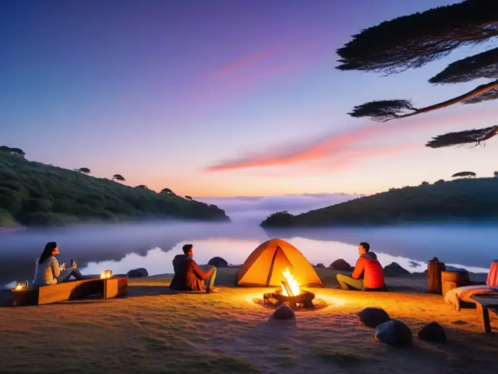 Grupo de amigos disfrutando de un campamento en Uruguay al atardecer, con fogata y tiendas iluminadas