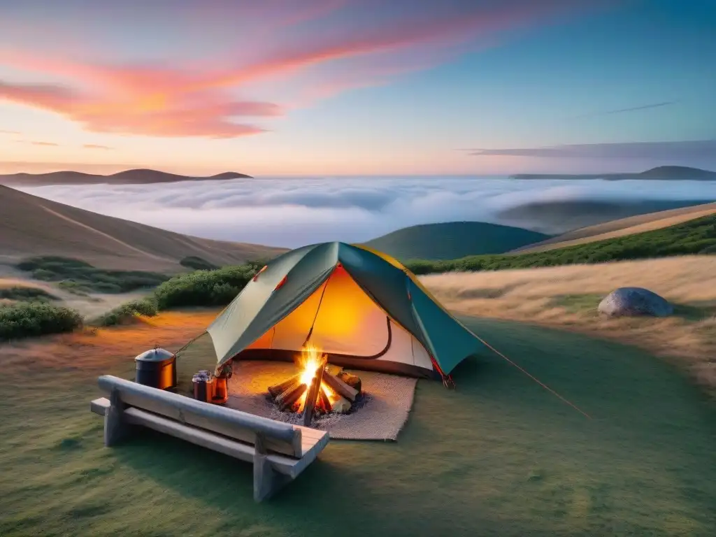 Grupo de amigos disfrutando de un campamento al atardecer en Uruguay con una de las mejores tiendas de campaña, un ambiente cálido y acogedor