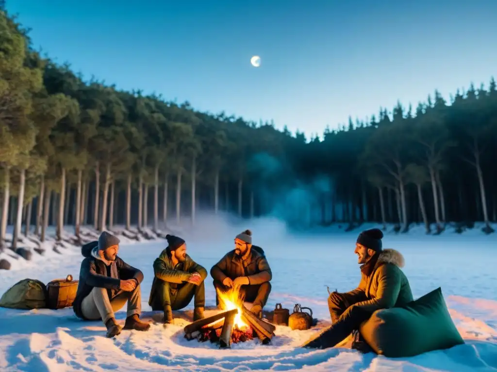 Grupo de amigos disfrutando de un campamento en invierno en Uruguay alrededor de una fogata en un bosque nevado