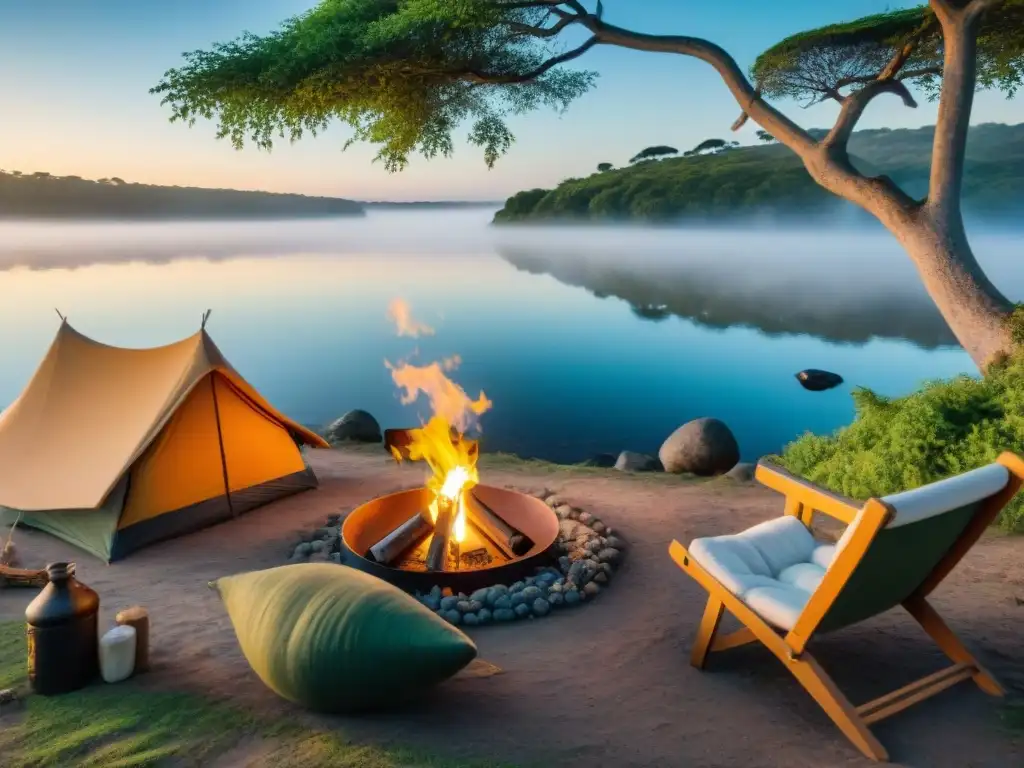 Grupo de amigos disfrutando de un campamento en Uruguay cerca de ríos, con fogata y mate