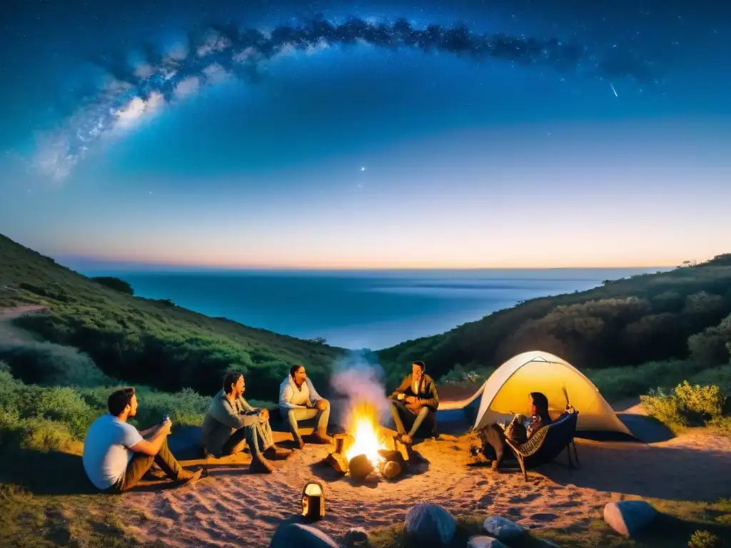 Grupo de amigos disfrutando de un campamento en Uruguay al anochecer, con tienda iluminada, fogata y sillas, bajo un cielo estrellado