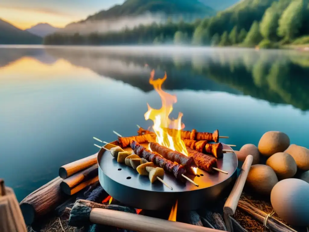 Un grupo de amigos ríe y cocina carne seca alrededor de la fogata en un campamento, con un hermoso atardecer sobre un lago en el fondo