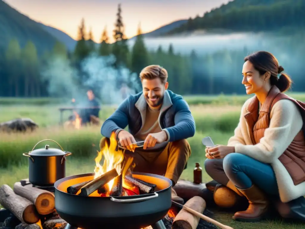 Un grupo de amigos cocina juntos al aire libre en un camping, con una hoguera brillante bajo un cielo estrellado