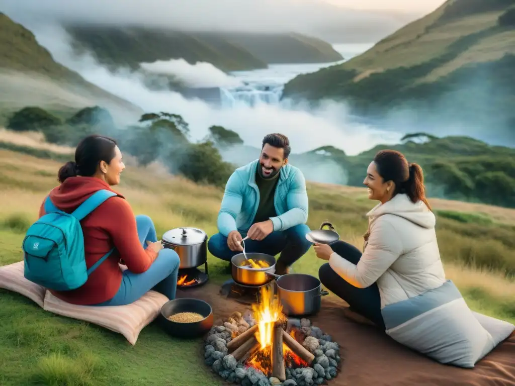 Grupo de amigos cocinando en una cocina portátil de camping en Uruguay, rodeados de naturaleza