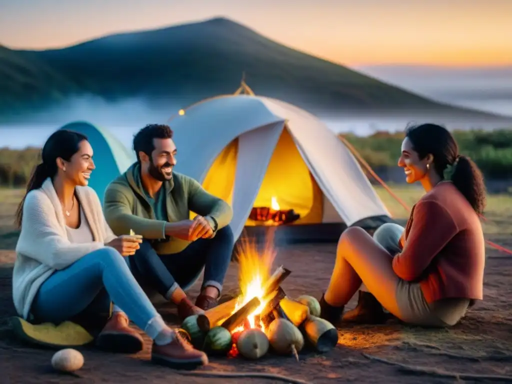 Grupo de amigos diversos compartiendo mate alrededor de fogata en campamento pintoresco en Uruguay, fomentando la cultura del camping en Uruguay