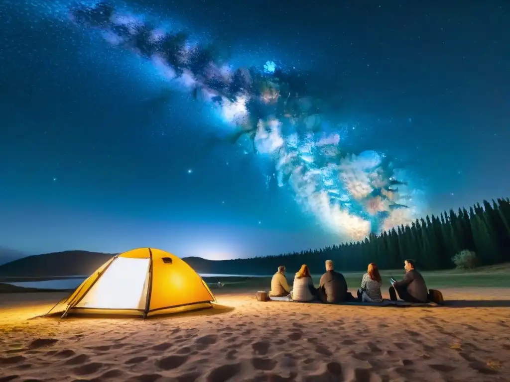 Grupo de amigos disfrutando de las estrellas en un camping de Uruguay, usando las mejores apps de astronomía