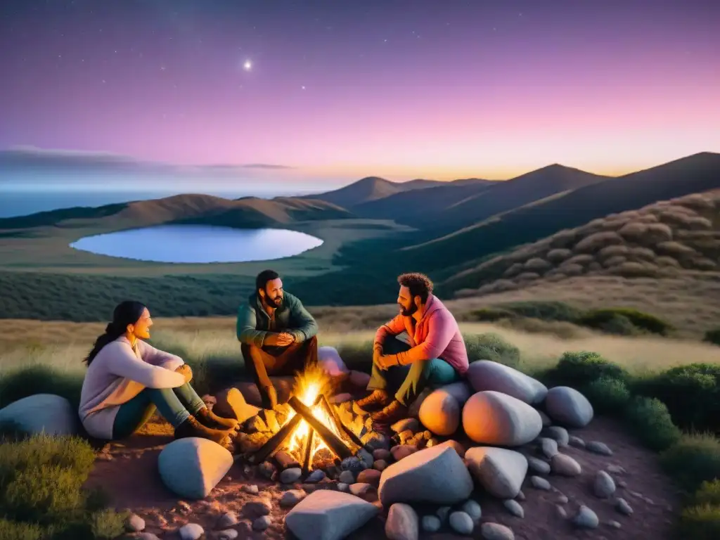 Grupo de amigos disfrutando de una fogata al atardecer en el Parque Nacional Sierra de las Ánimas en Uruguay