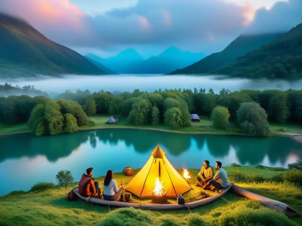 Un grupo de amigos alrededor de una fogata al atardecer en un campamento, con un lago sereno reflejando el cielo colorido