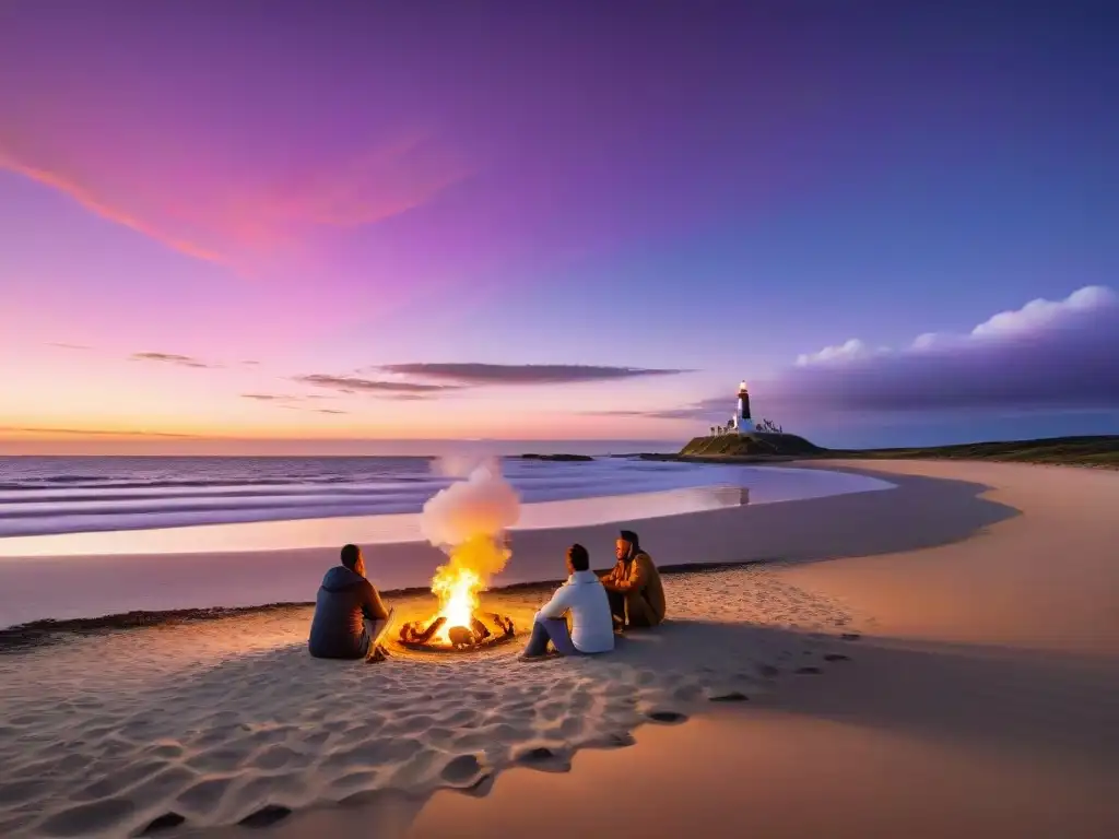 Grupo de amigos disfrutando de una fogata al atardecer en Cabo Polonio, una de las mejores playas para acampar en Uruguay