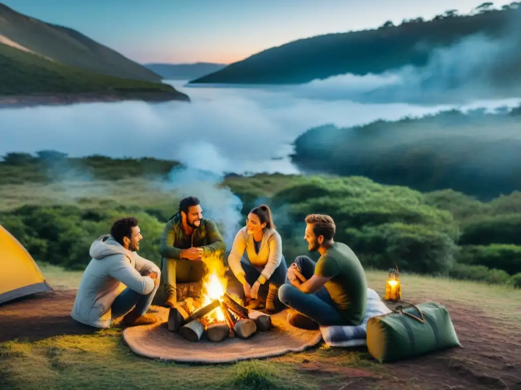 Un grupo de amigos alrededor de una fogata en un camping en Uruguay, compartiendo historias y risas