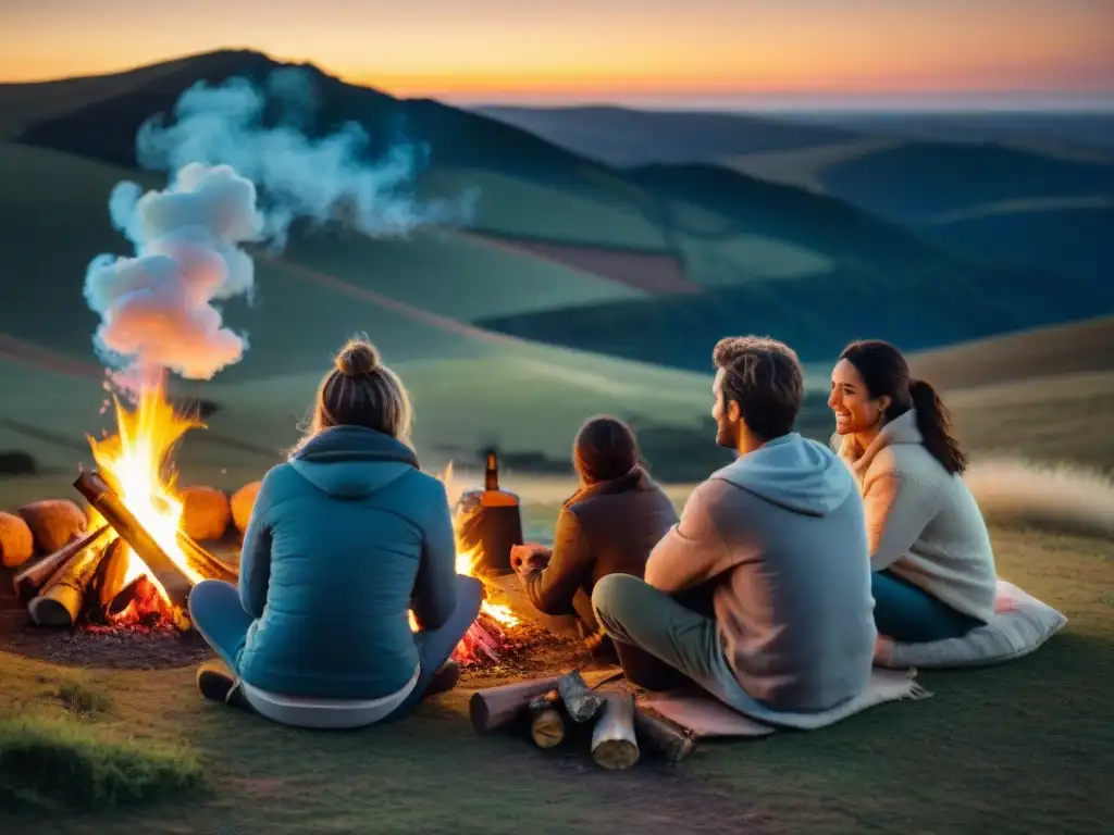 Un grupo de amigos disfruta de una fogata instantánea en el campo uruguayo al anochecer