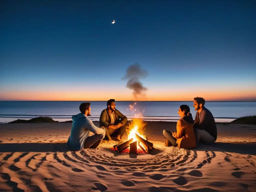 Grupo de amigos conversando alrededor de fogata en playa de Uruguay, creando historias de camping bajo palmeras nocturnas