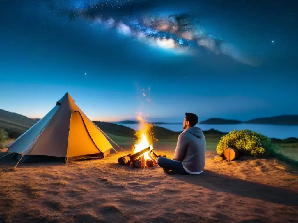 Grupo de amigos compartiendo historias alrededor de fogata en campamento en Uruguay, bajo cielo estrellado