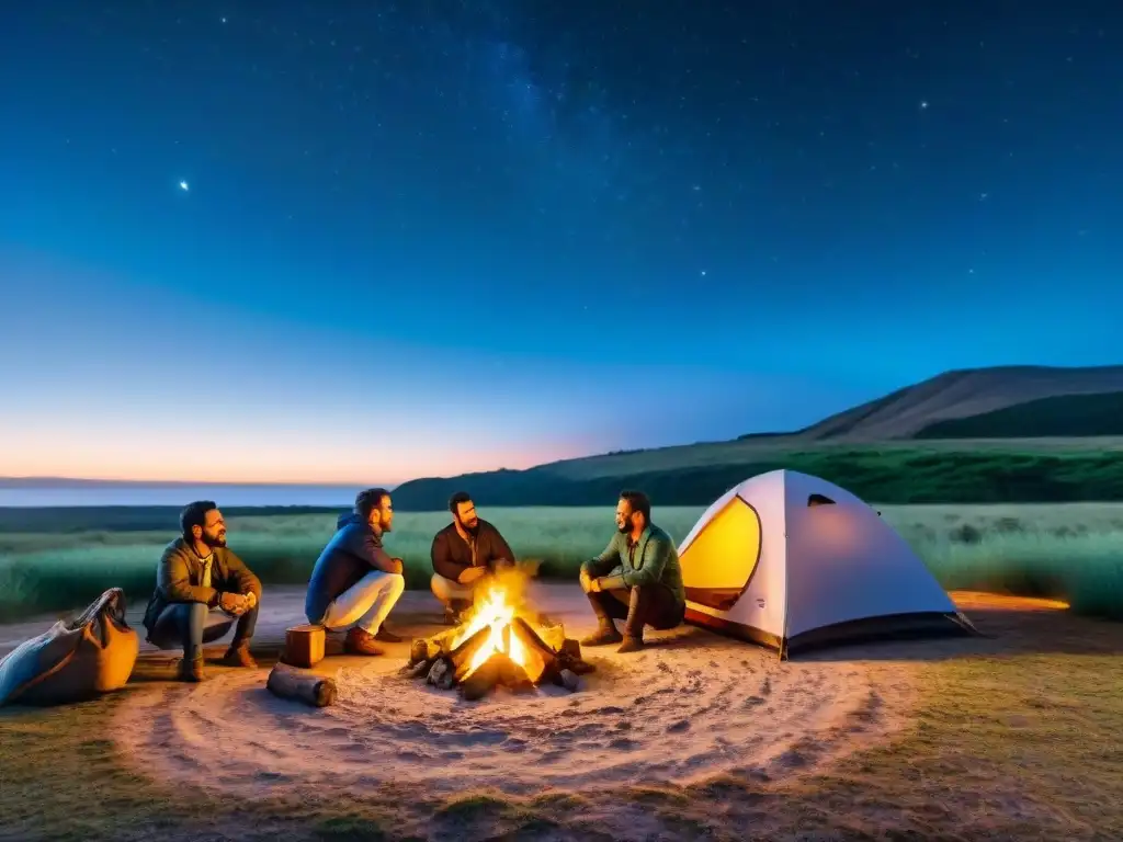 Grupo de amigos junto a fogata en campamento en Uruguay, con cielo estrellado y cámaras instantáneas para camping en Uruguay