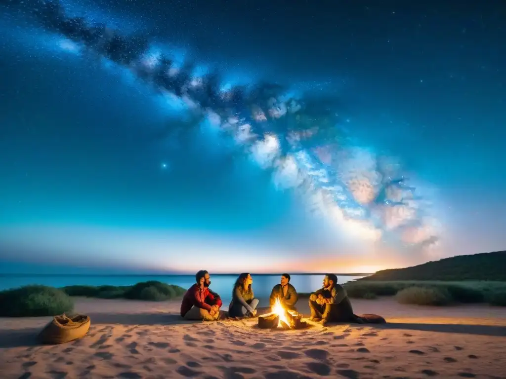 Grupo de amigos riendo alrededor de luces de campamento en Uruguay bajo cielo estrellado y Vía Láctea