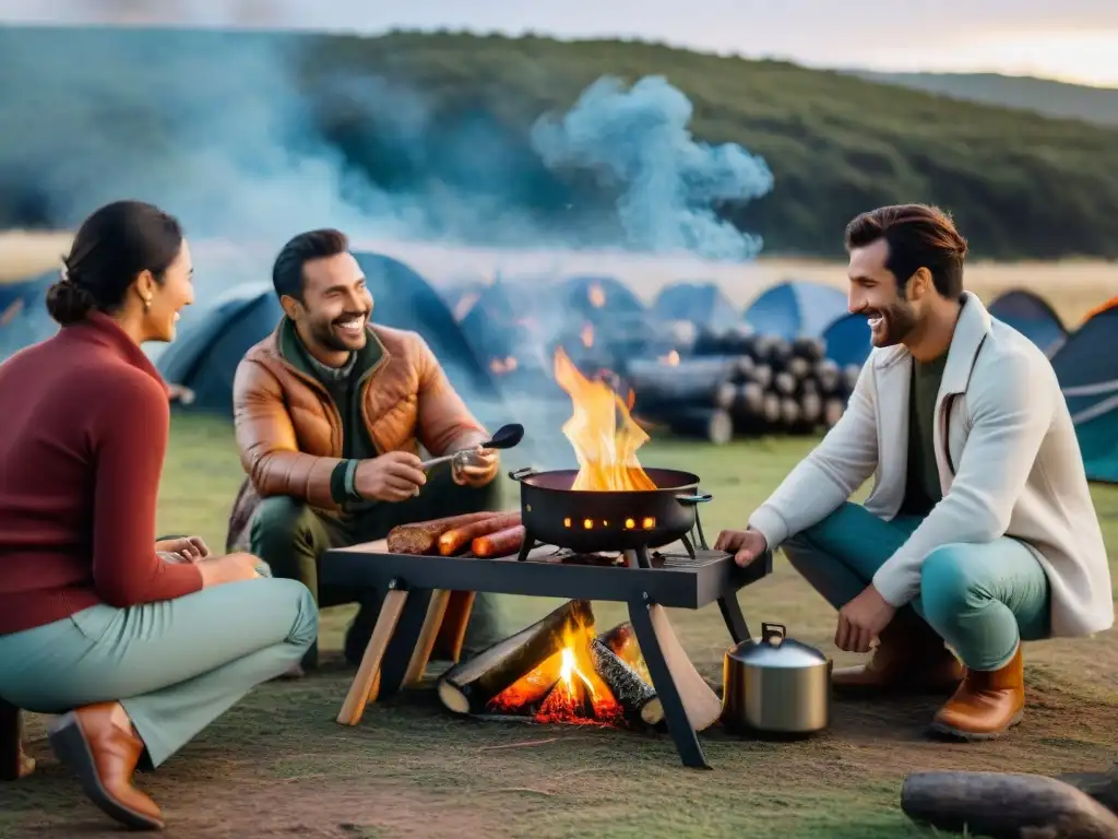 Un grupo de amigos disfruta de una noche acogedora alrededor de una fogata en un camping en Uruguay, con cocinas portátiles cerca