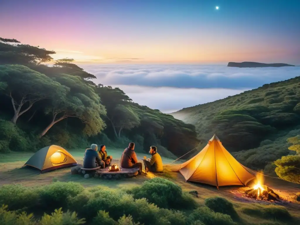 Grupo de amigos disfrutando de una noche de camping en Uruguay, rodeados de naturaleza y estrellas