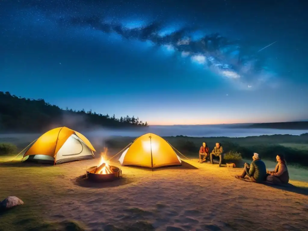 Grupo de amigos disfrutando de una noche de camping segura y alegre en Uruguay, resaltando la importancia del seguro de viaje para acampar