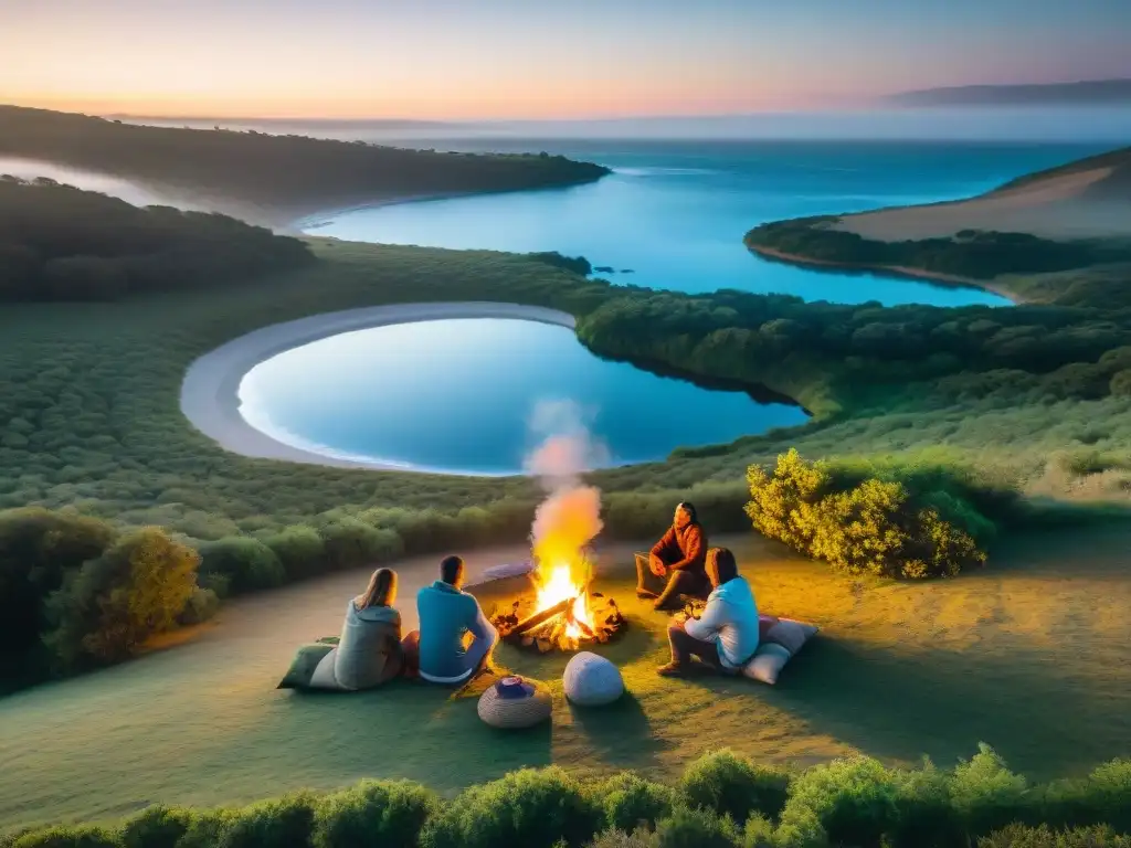 Un grupo de amigos disfruta de una noche de camping en Uruguay, junto a la fogata, rodeados de naturaleza