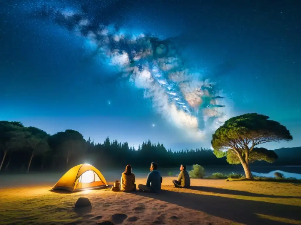 Grupo de amigos disfrutando de una noche estrellada en un camping en Uruguay, creando una atmósfera de desconexión digital