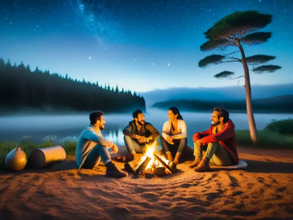 Un grupo de amigos disfruta de la noche alrededor de una fogata en un bosque de Uruguay