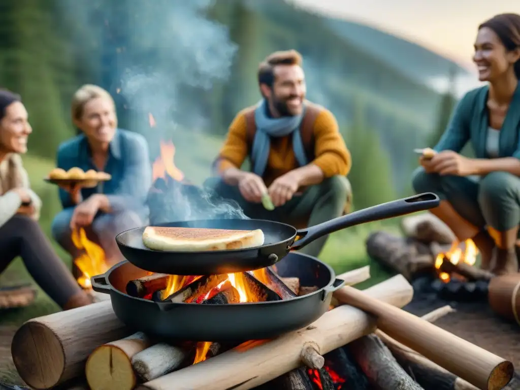 Grupo de amigos disfrutando del pan recién horneado en la fogata de un campamento al amanecer en el bosque