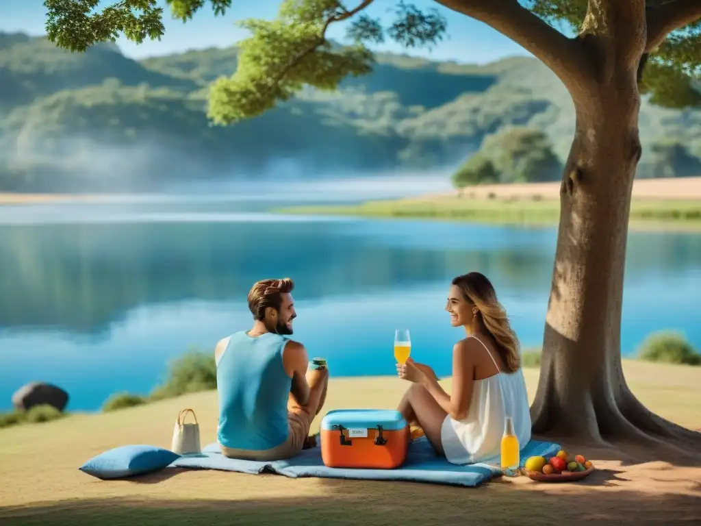 Grupo de amigos disfrutando de un picnic junto al lago en Uruguay con nevera portátil, en un día perfecto de camping