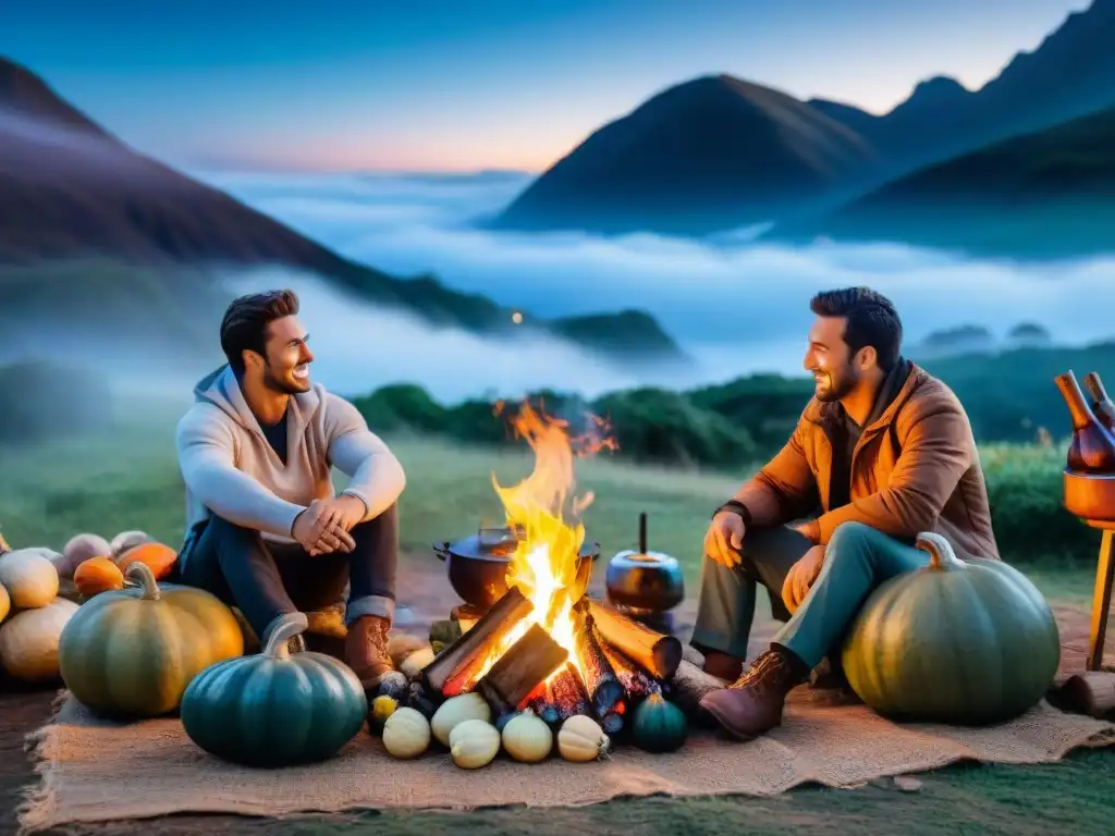 Grupo de amigos disfrutando de recetas camping Uruguay aire libre alrededor de fogata y parrilla bajo un cielo estrellado