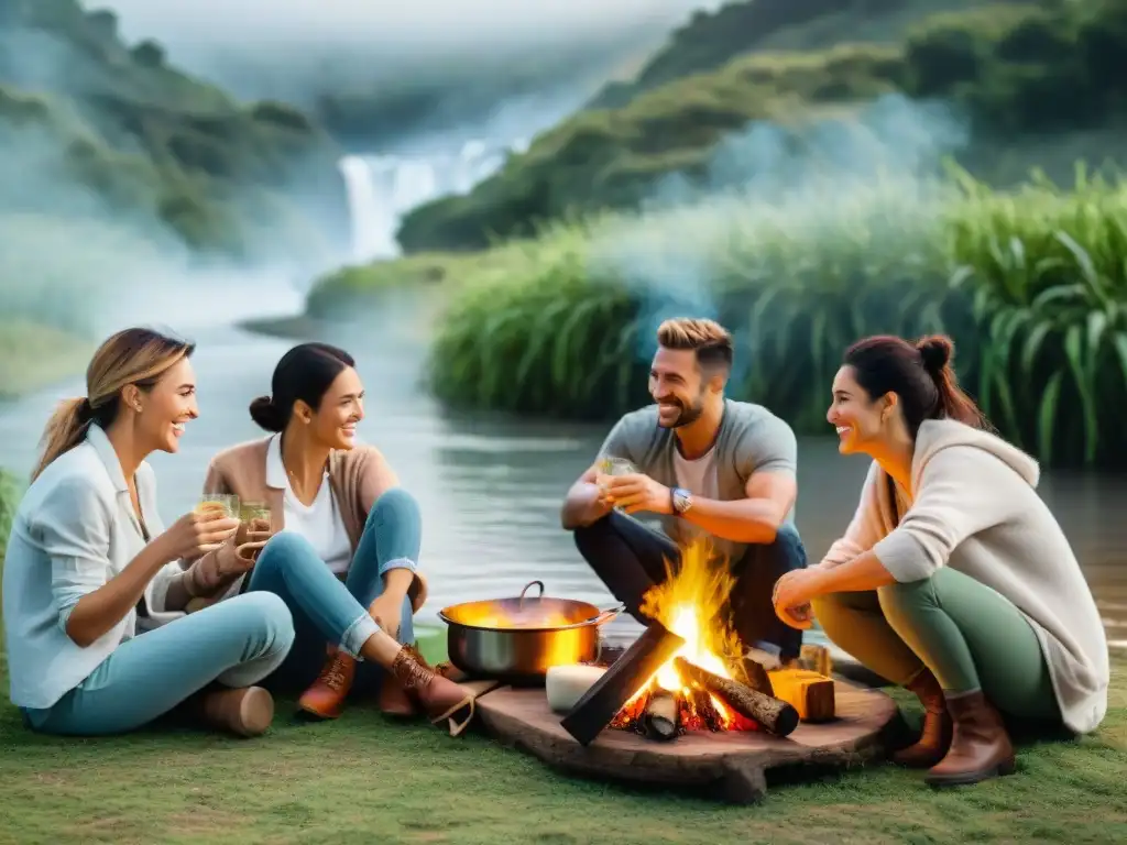 Grupo de amigos disfrutando de recetas camping al aire libre junto al río en Uruguay