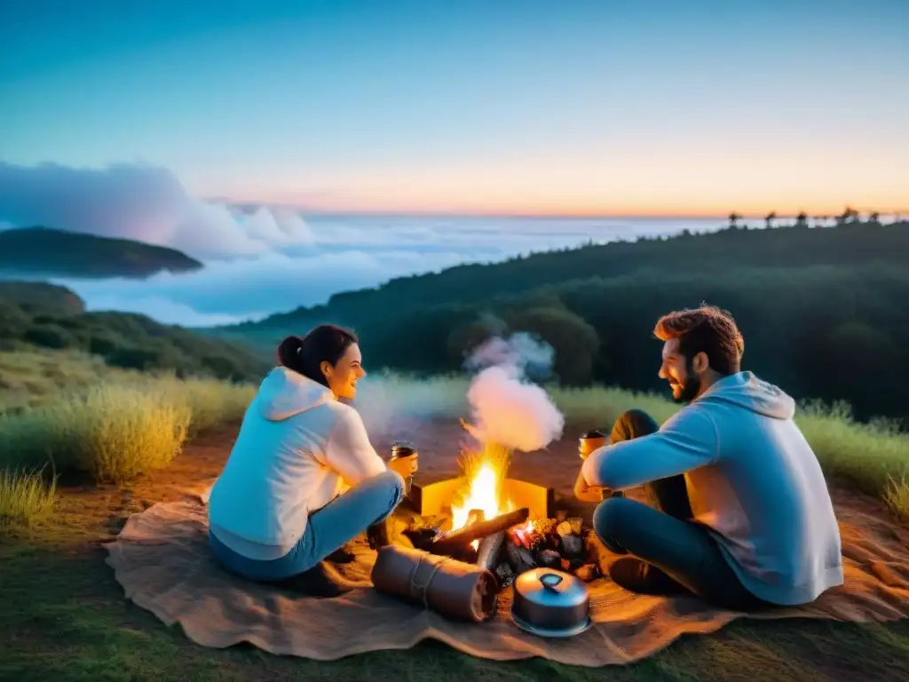 Grupo de amigos preparando recetas fáciles camping Uruguay alrededor de fogata en campamento rústico al atardecer