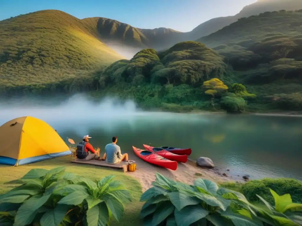 Grupo de amigos montando tiendas en un campamento pintoresco en Uruguay, con rutas para acampar