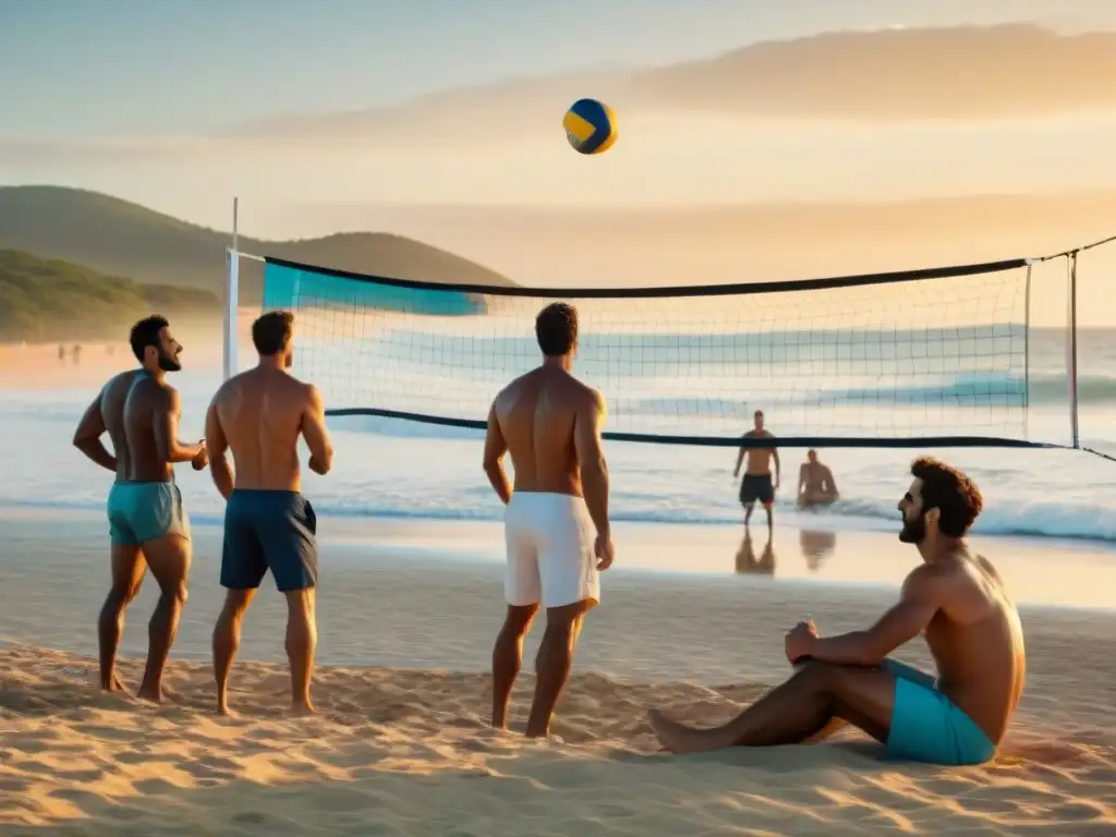 Grupo de amigos jugando voleibol playa al atardecer en Uruguay