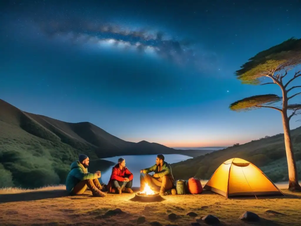 Grupo de apasionados campistas armando sus carpas bajo un cielo estrellado en Uruguay, iluminados por la suave luz de una fogata