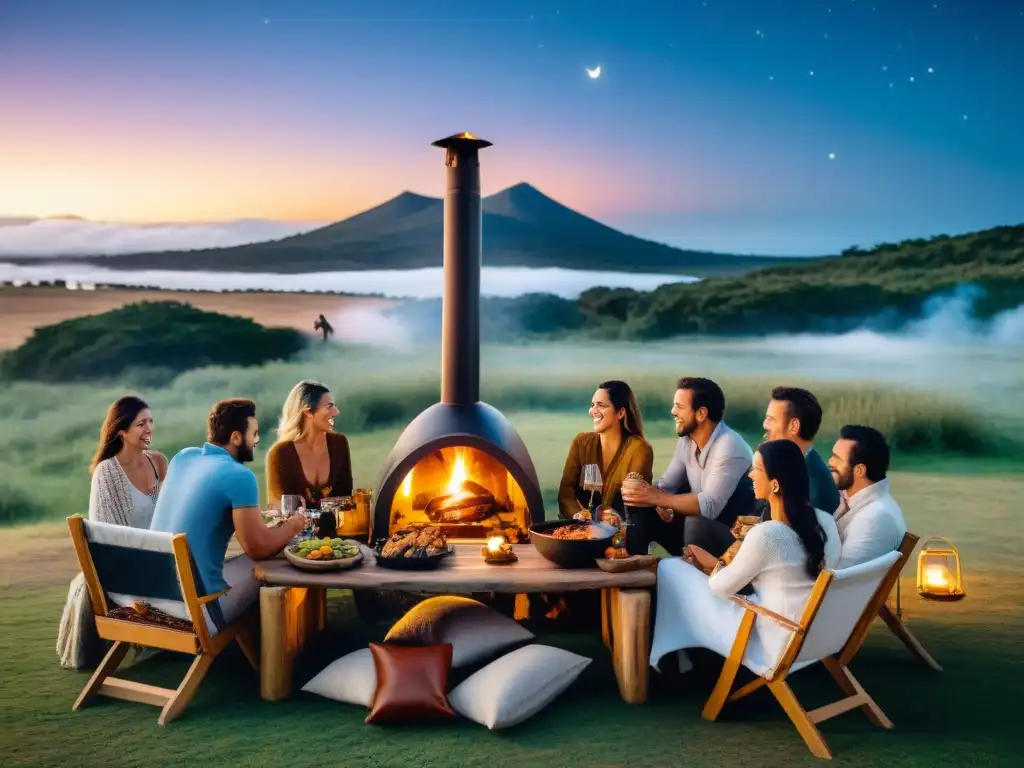 Grupo disfrutando de un asado uruguayo bajo las estrellas en un lujoso glamping en Uruguay: tradiciones locales