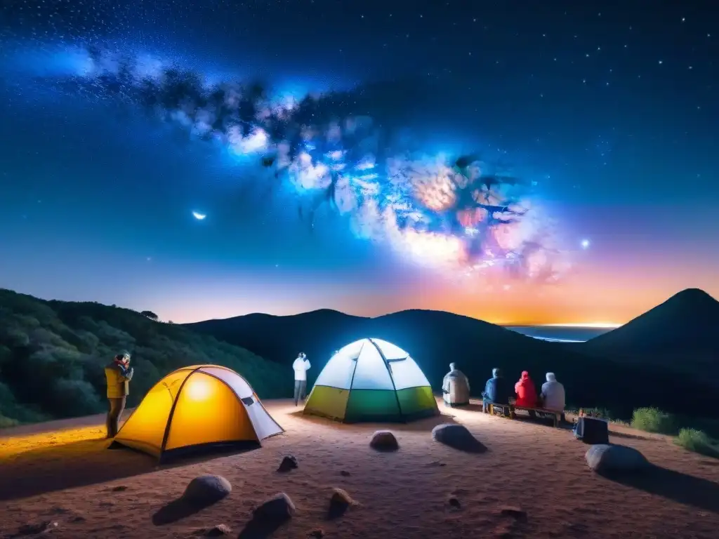 Un grupo de astrónomos aficionados observa la Vía Láctea en un campamento en Uruguay, mostrando la conexión entre naturaleza, ciencia y curiosidad