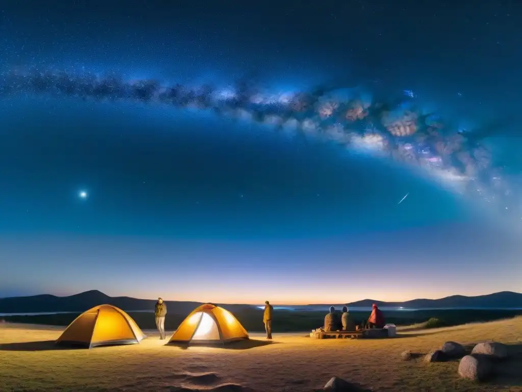 Un grupo de astrónomos aficionados observa la Vía Láctea desde un campamento en Uruguay