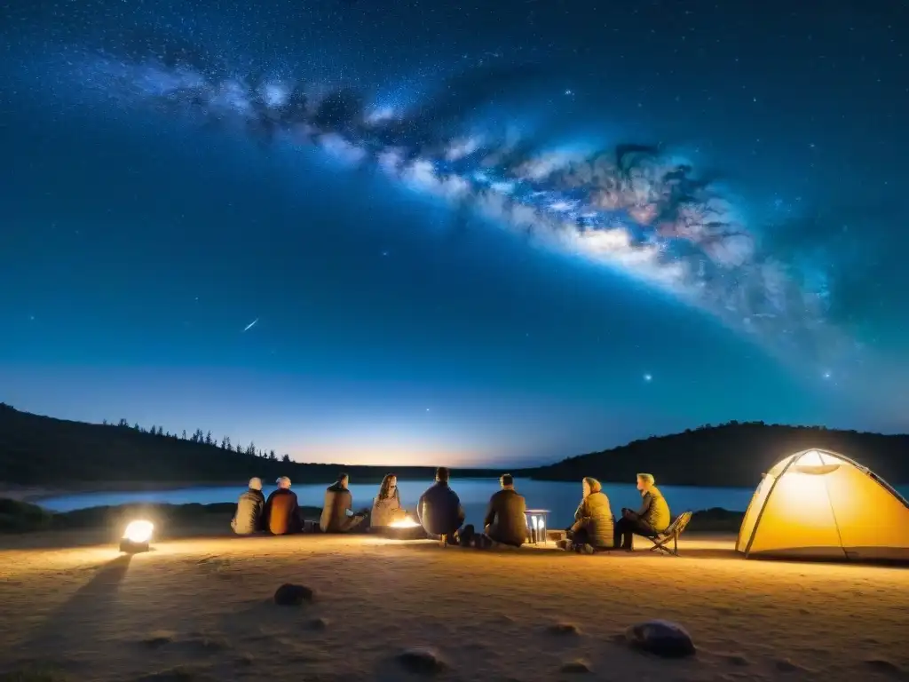 Grupo de astrónomos aficionados observando las estrellas en un camping en Uruguay