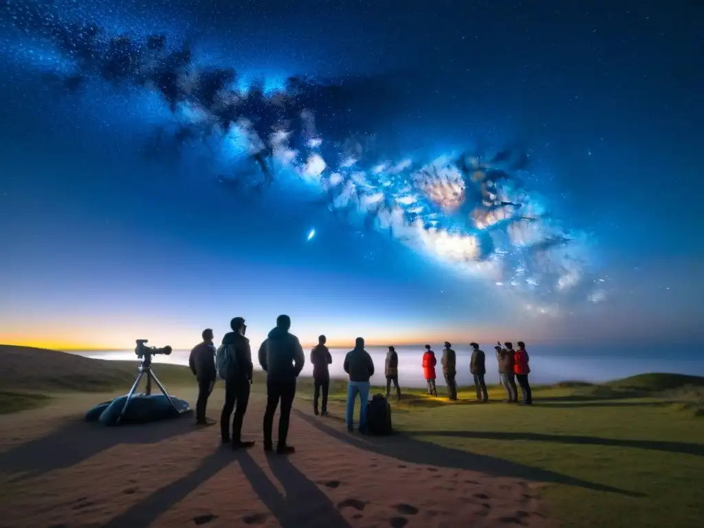 Grupo de astrónomos aficionados montando telescopios bajo el cielo estrellado en Cabo Polonio, Uruguay