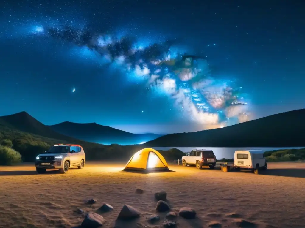 Grupo de astrónomos aficionados preparando telescopios junto a fogata en camping, fotografiar cielo nocturno Uruguay camping