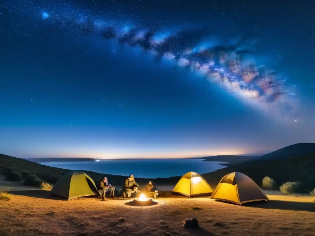 Grupo de astrónomos aficionados montando telescopios bajo el cielo estrellado en un campamento remoto en Uruguay