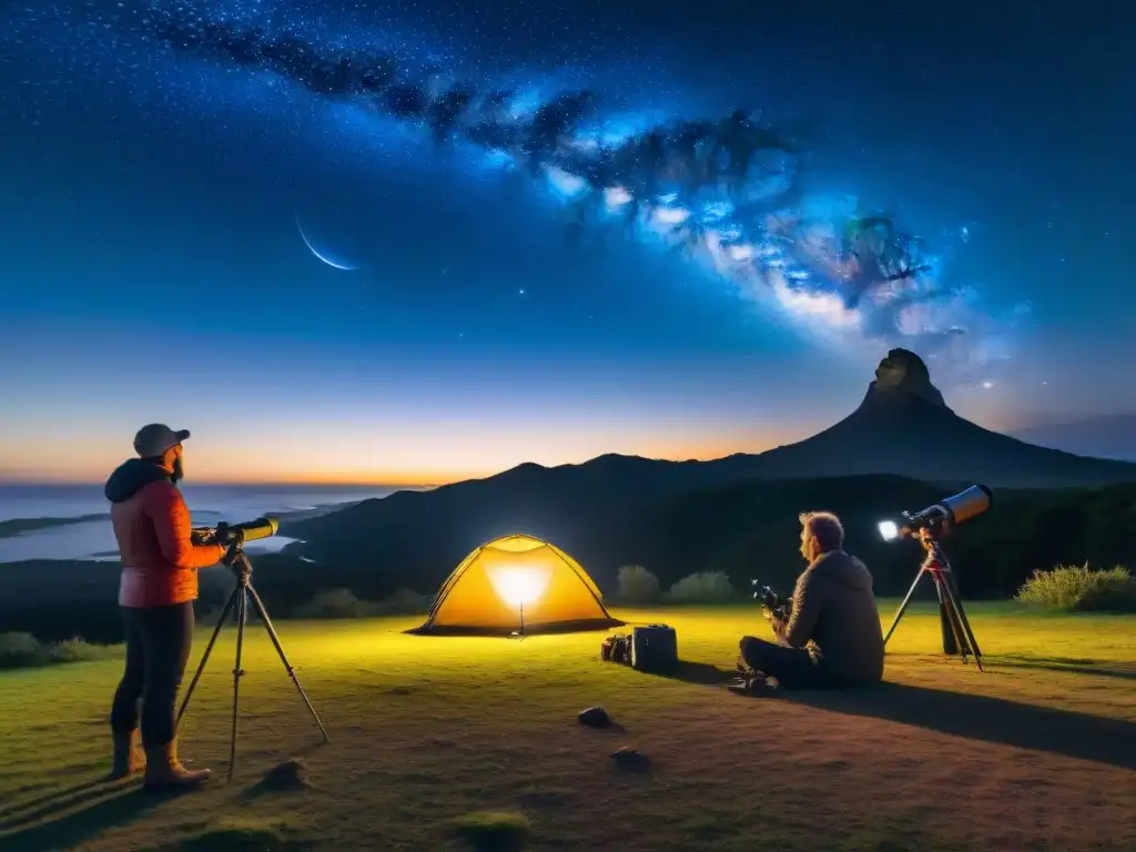 Un grupo de astrónomos aficionados preparando telescopios bajo un cielo estrellado en campamento en Uruguay