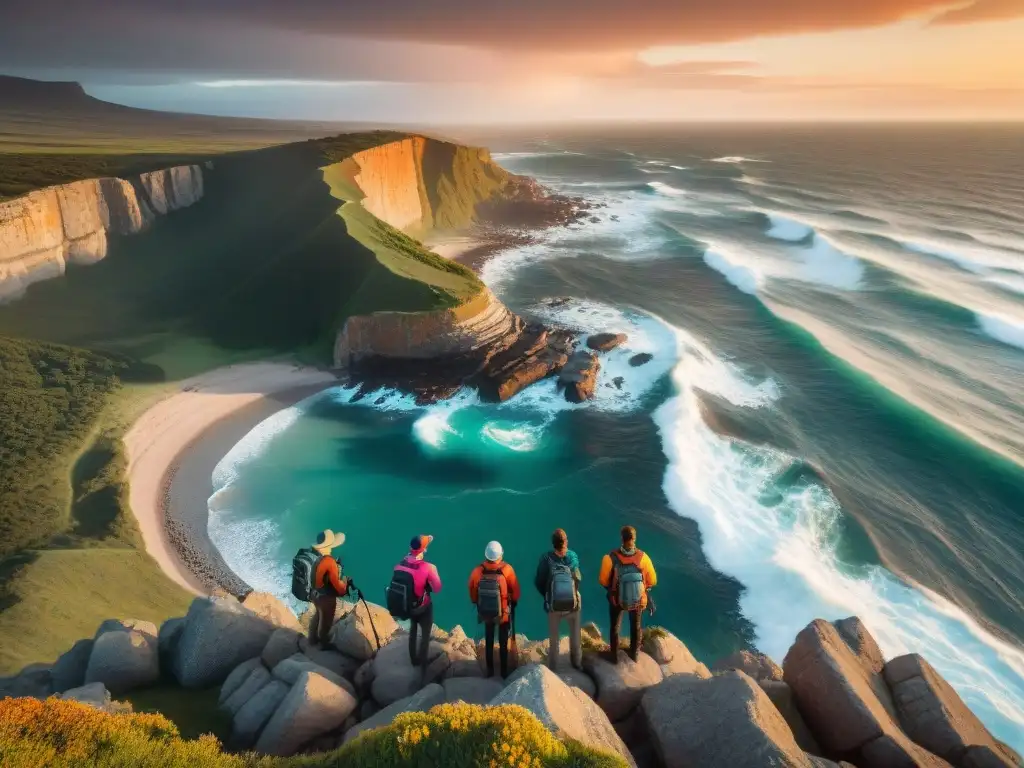 Grupo de aventureros en Uruguay admirando el atardecer en un acantilado, evocando la emoción de los paquetes turismo aventura Uruguay