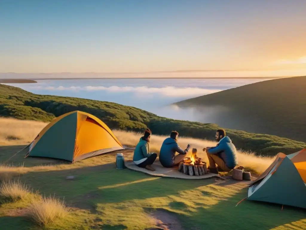 Grupo de aventureros montando campamento al atardecer en la selva de Uruguay