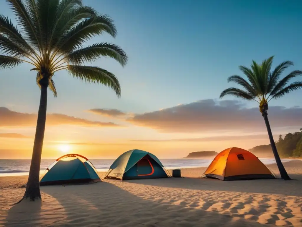 Grupo de aventureros montando campamento al atardecer en la costa de Uruguay