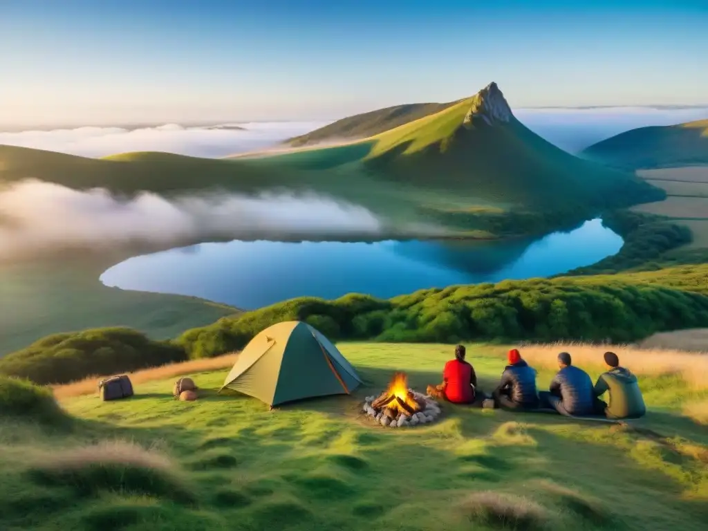 Grupo de aventureros montando campamento en el campo de Uruguay, equilibrio entre emoción y tranquilidad